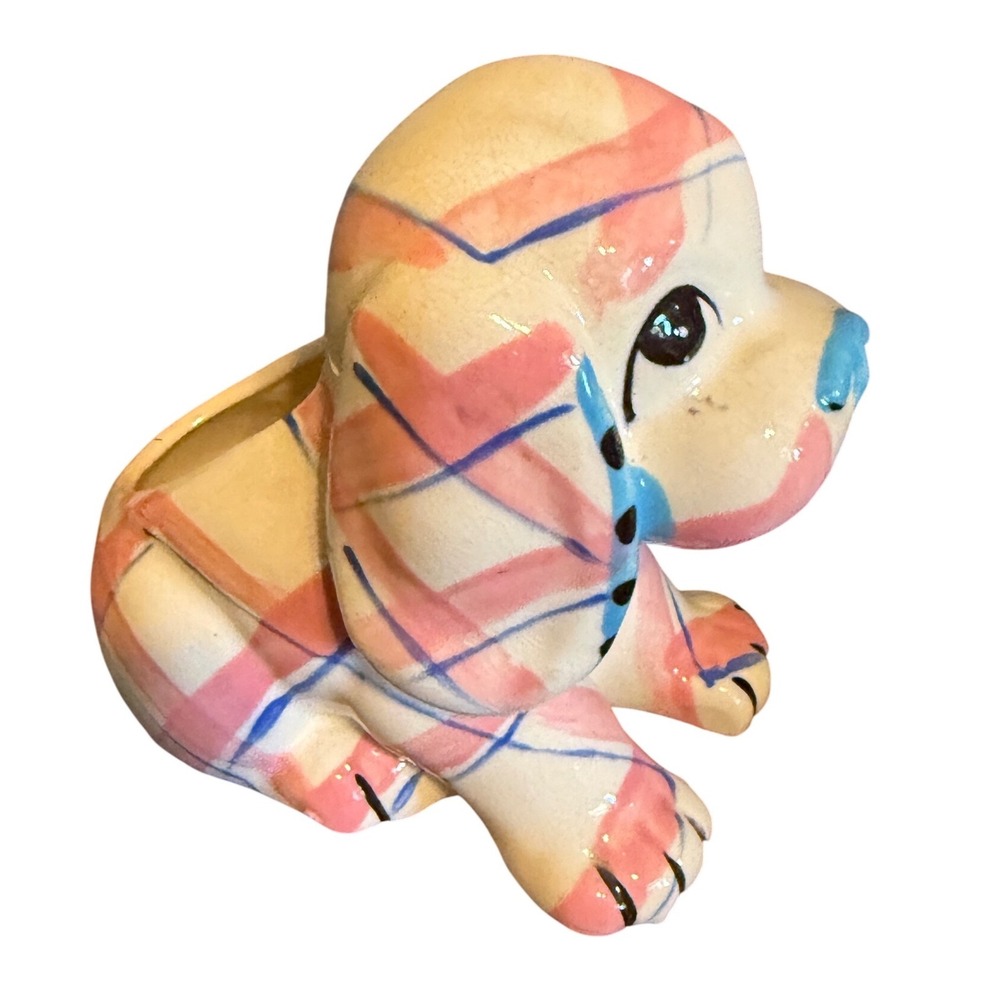 Vintage Ceramic Puppy Dog Planter Pink Blue Plaid Hand Painted Kitsch Decor 5.5"